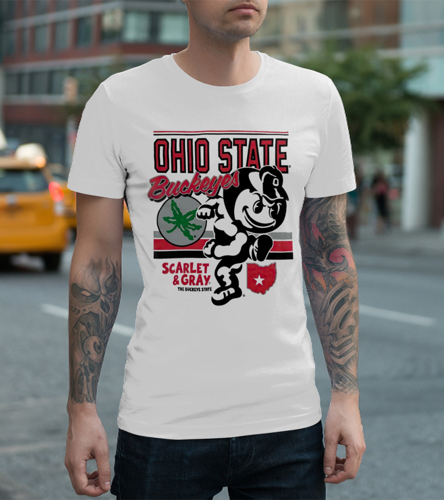 Ohio State Buckeyes Scarlet and Gray Buckeyes State Vintage Style with Script Logo and Buckeye Leaf T-Shirt