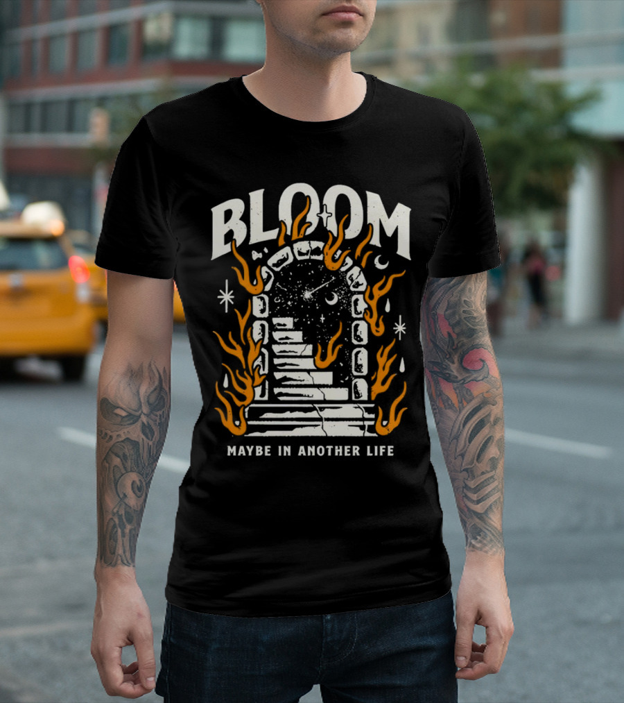 Bloom Maybe in Another Life Cosmic Portal Flames Stairs T-Shirt
