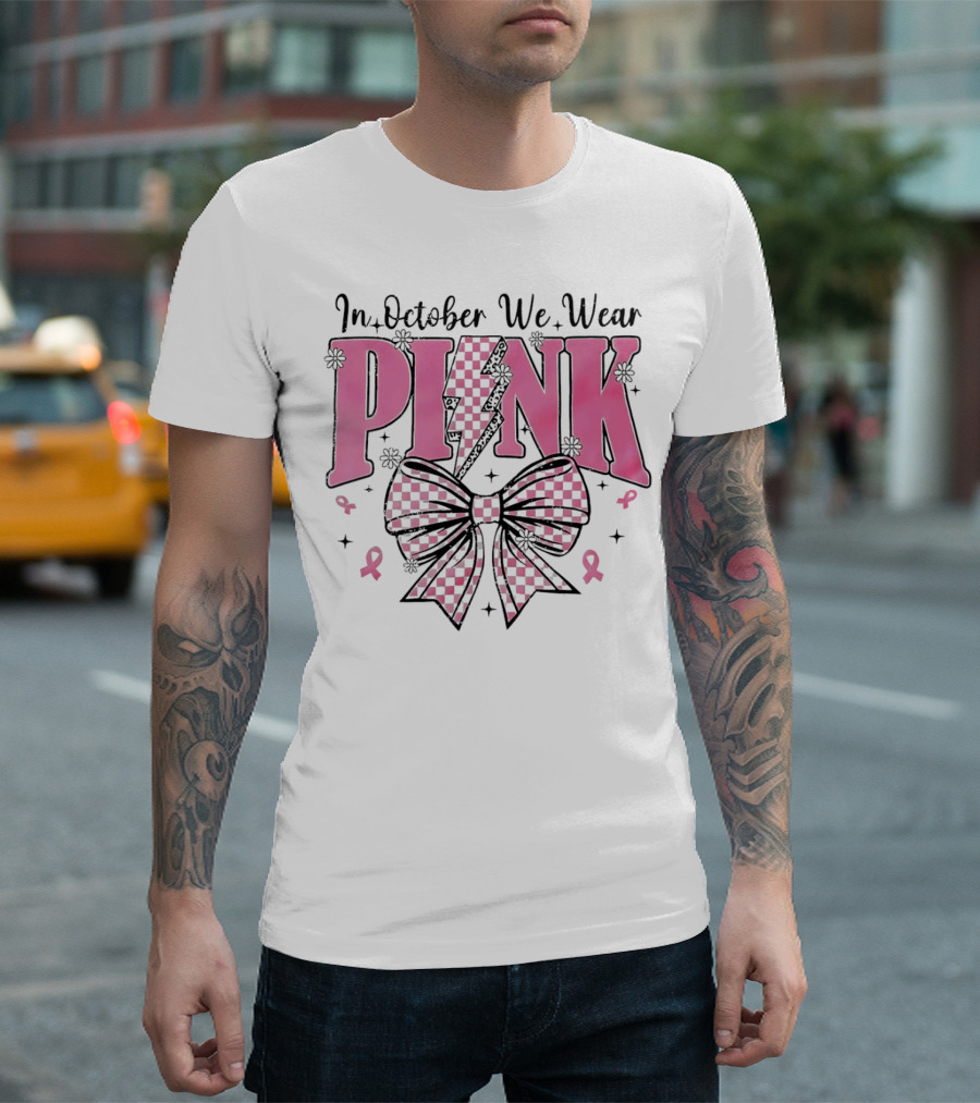 In October We Wear Pink Checkered Bow Lightning T-Shirt