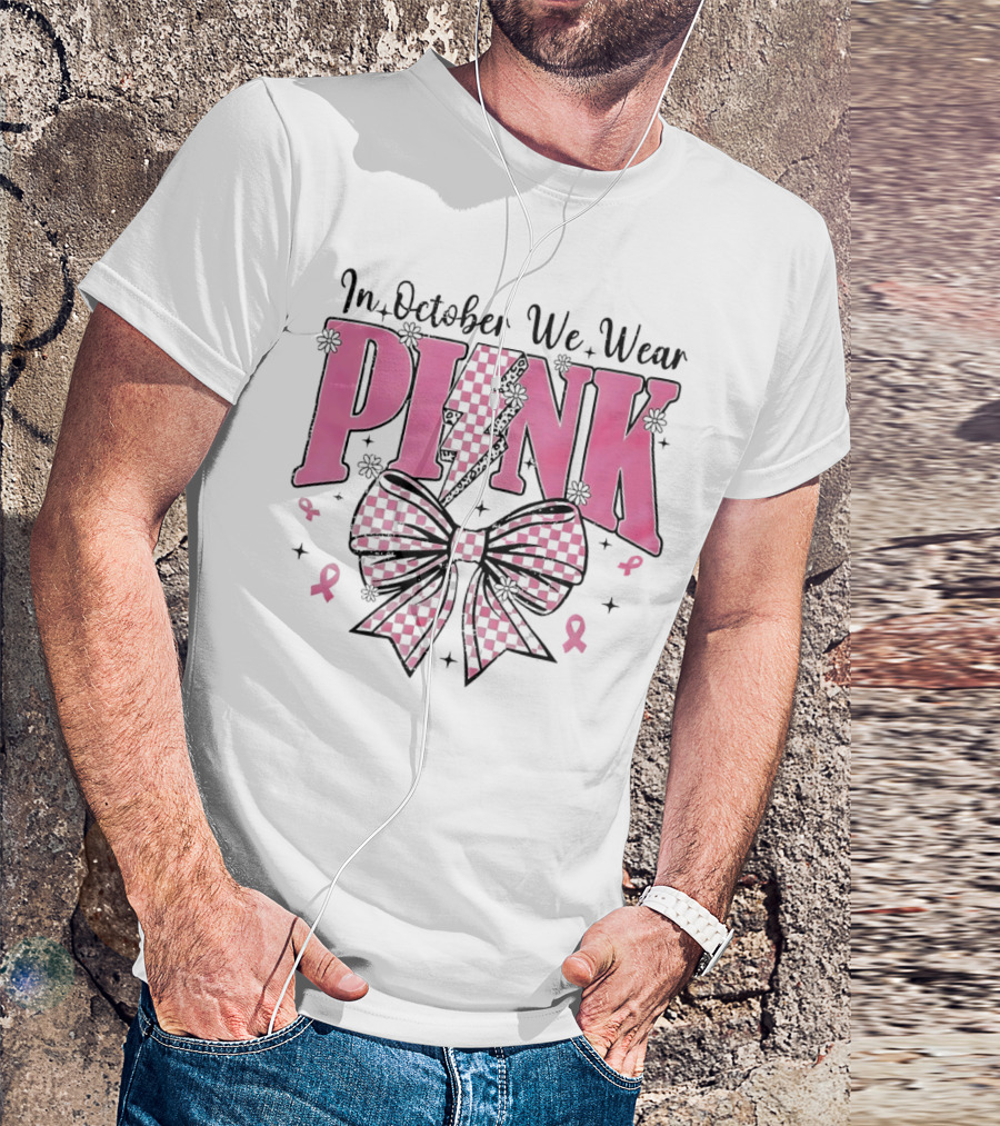 In October We Wear Pink Checkered Bow Lightning T-Shirt