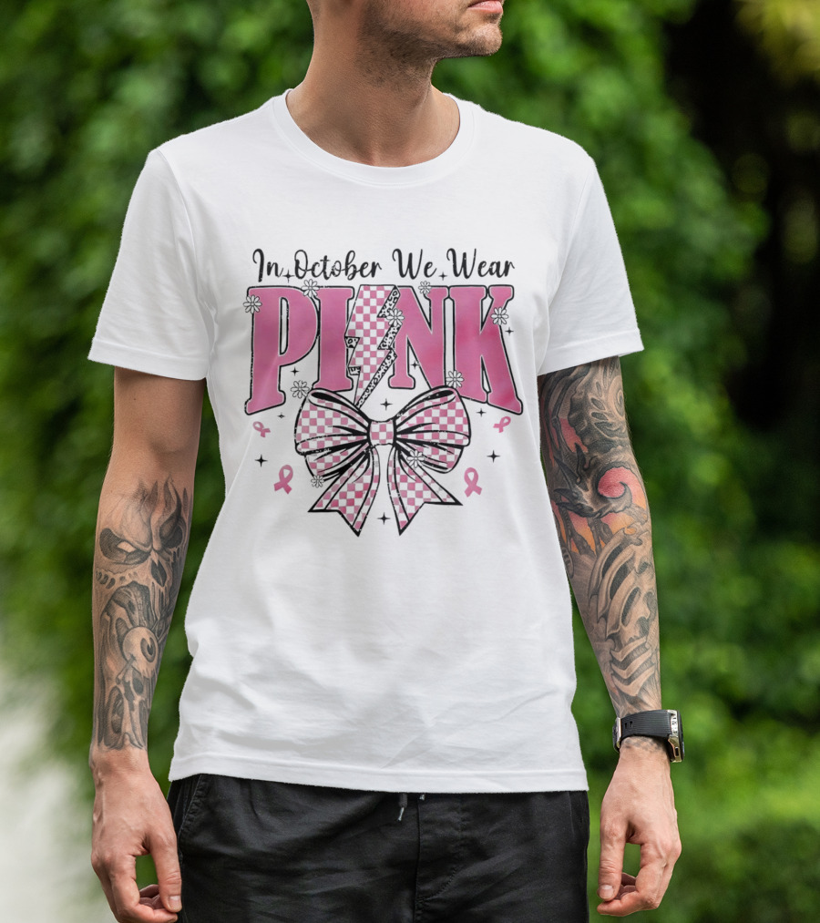 In October We Wear Pink Checkered Bow Lightning T-Shirt