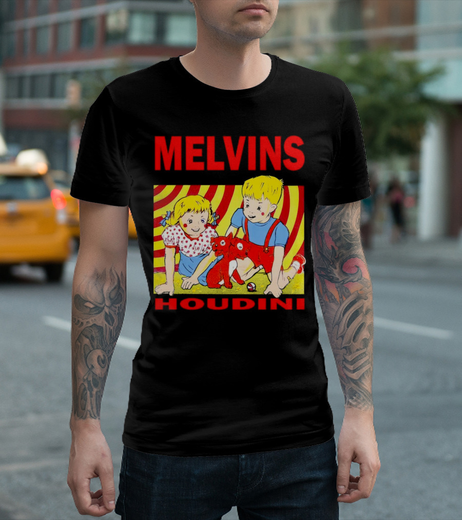 Melvins Houdini Late 00s Jerks Kids with Red Dog and Swirling Red Yellow Background T-Shirt