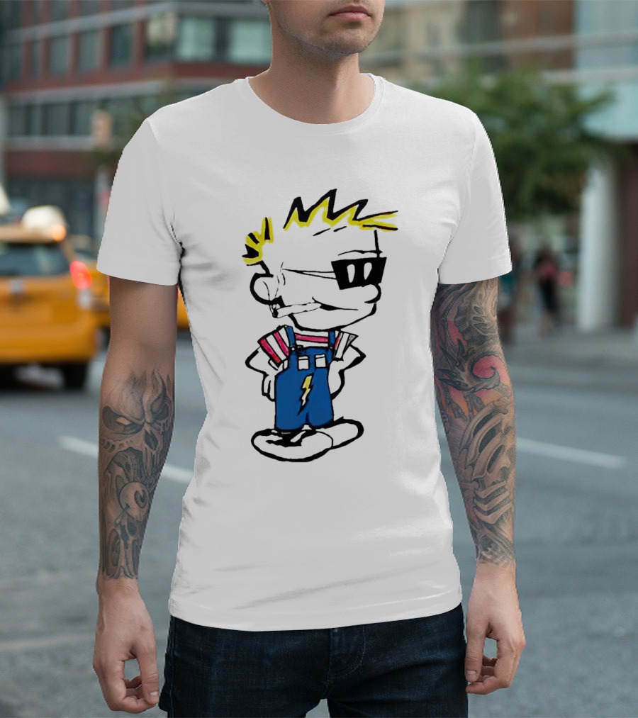 Calvin And Hobbes Spaceman Spiff Lightning Overalls Yellow Hair Sunglasses T-Shirt