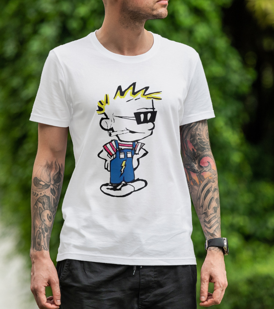 Calvin And Hobbes Spaceman Spiff Lightning Overalls Yellow Hair Sunglasses T-Shirt