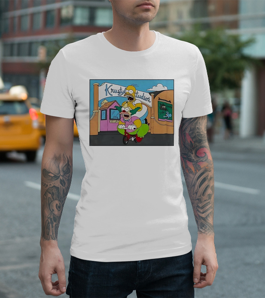 Krustyland Studios with Homer and Krusty the Clown on Bicycle from The Simpsons T-Shirt