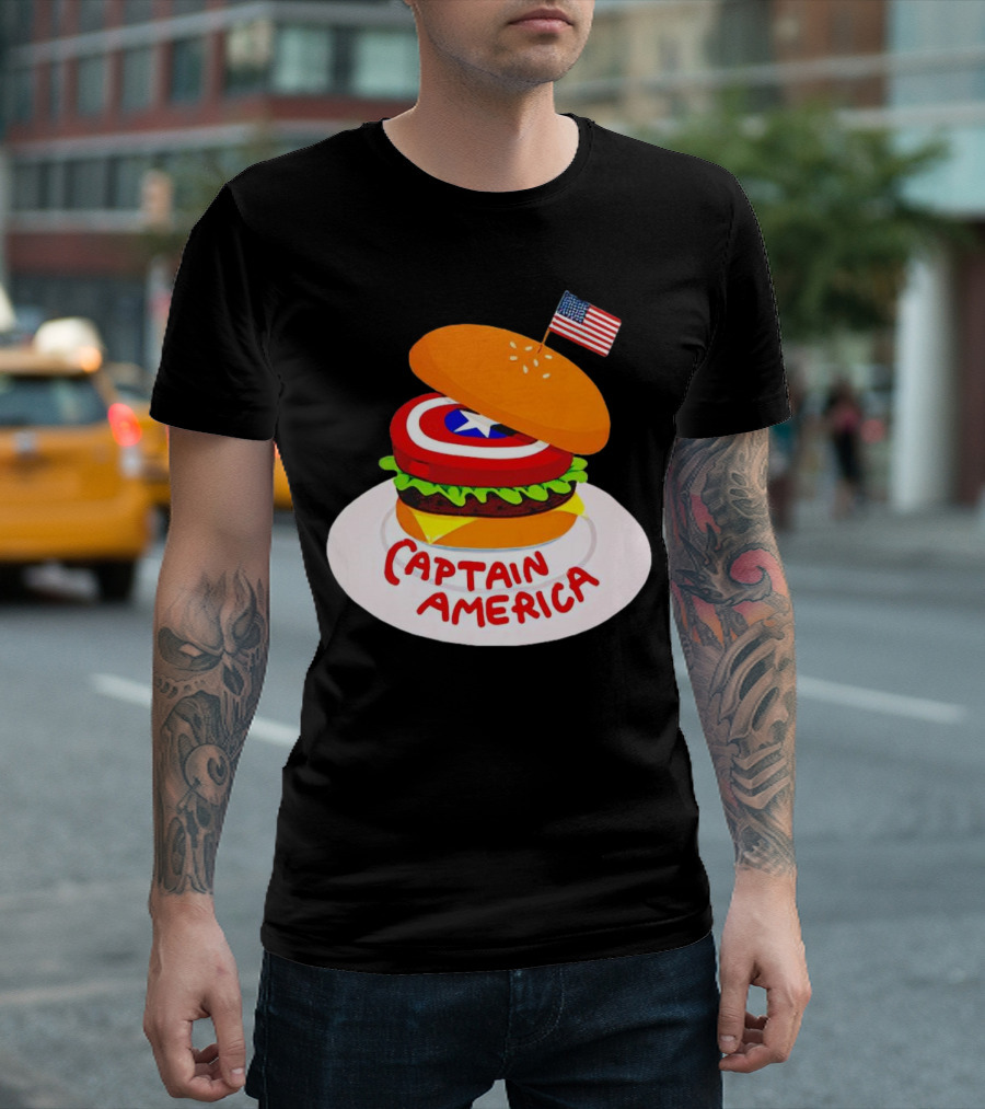 Captain America Burger with Flag and Shield Lettuce Bun T-Shirt
