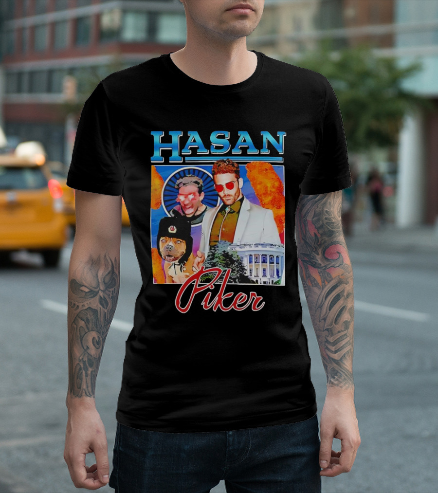 HASAN Piker Sunglasses Red Laser Eyes White House Dog T-Shirt