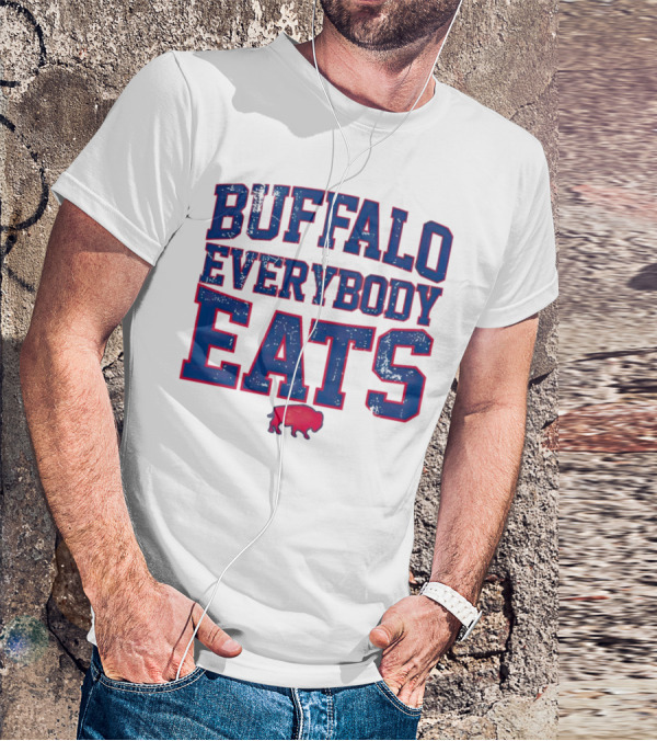 Buffalo Everybody Eats Red Bison Icon Bold Blue Letters T-Shirt