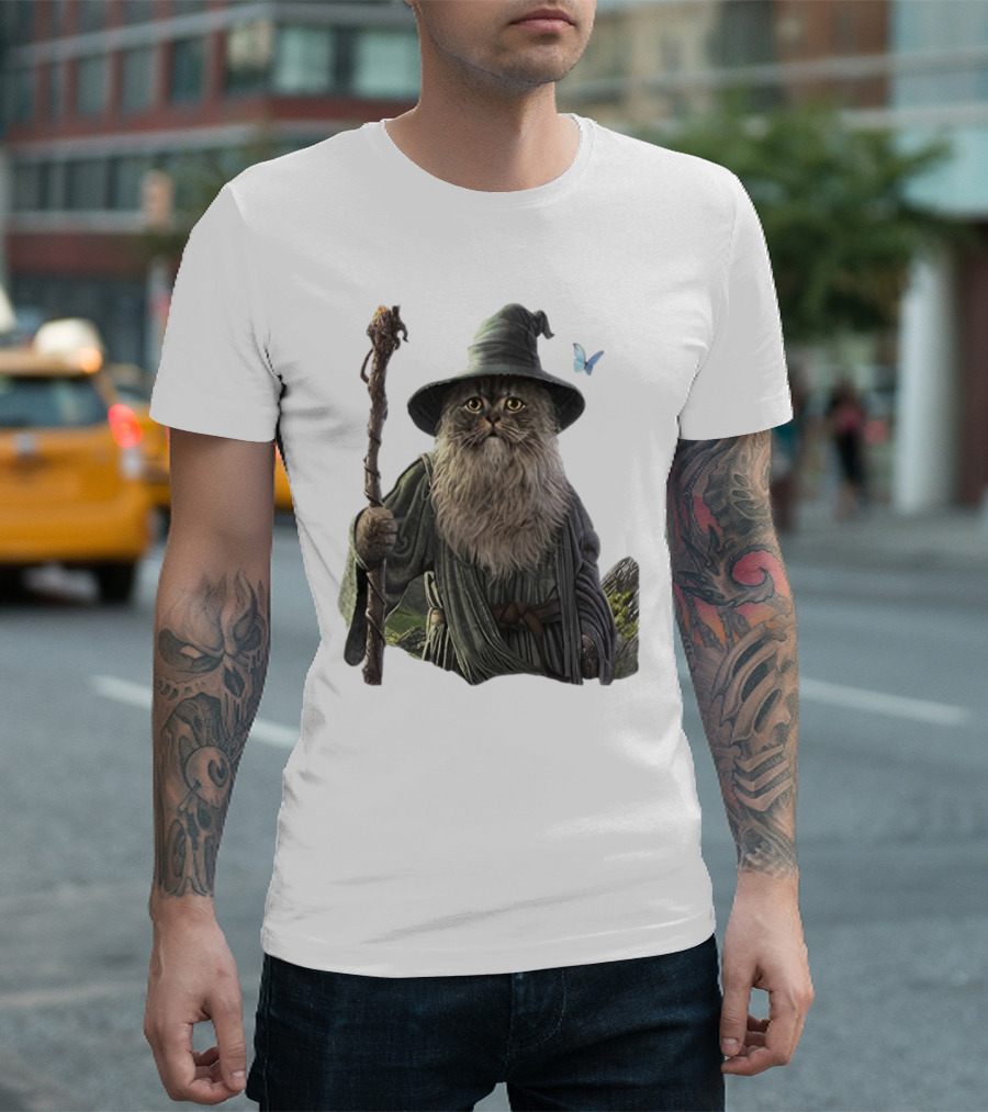 Cat The Mountain Wizard Catdalf Cat with Staff and Hat T-Shirt