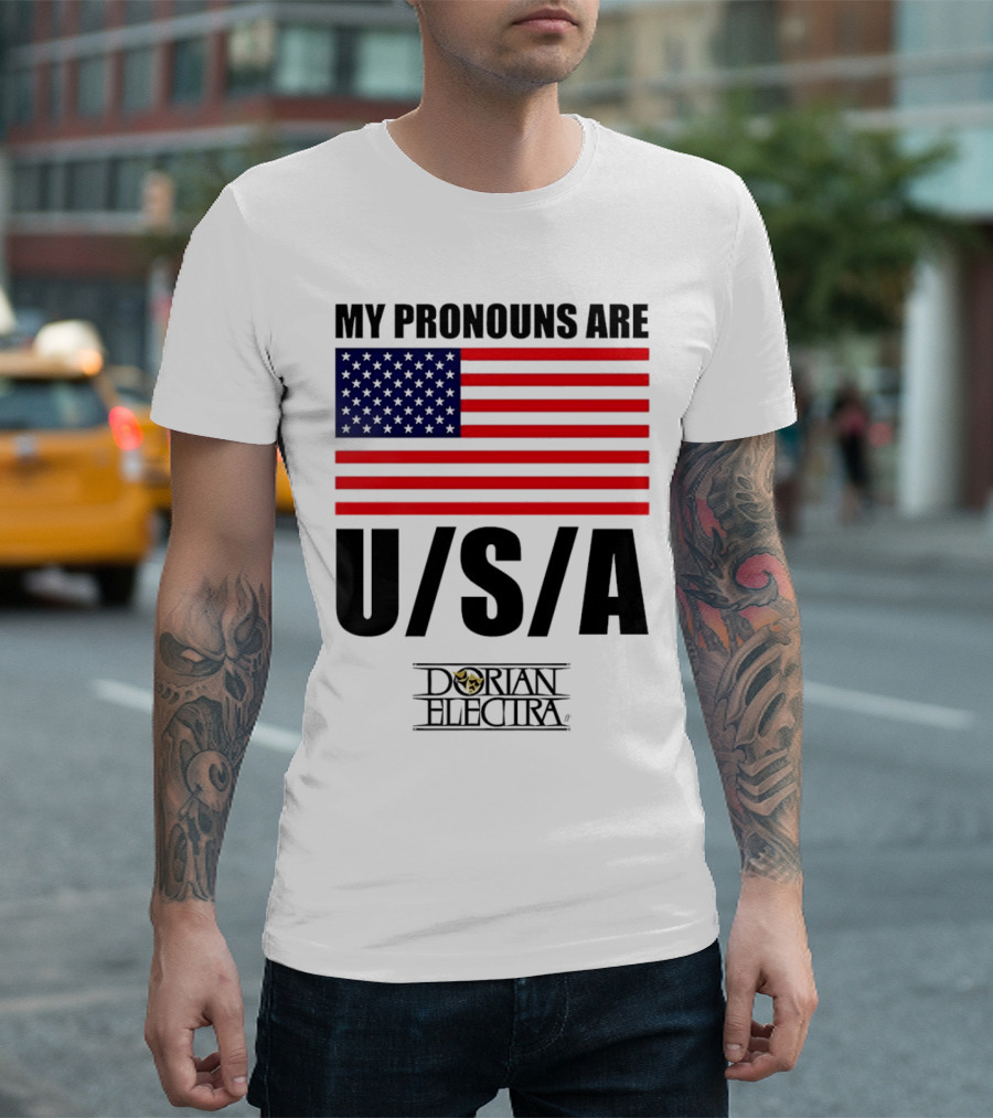 My Pronouns Are USA Dorian Electra American Flag T-Shirt