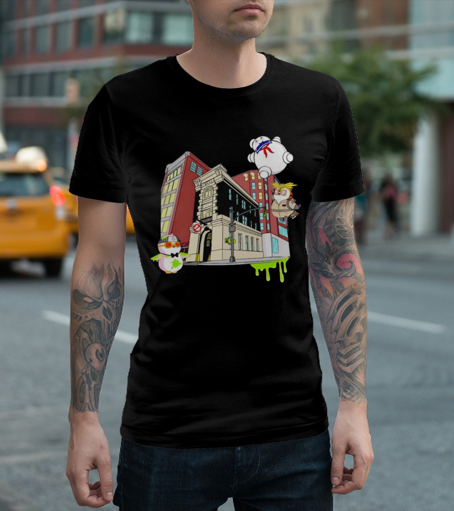 Stay Puft Marshmallow Man Pudgy Penguins Ghostbusters Firehouse Scene T-Shirt
