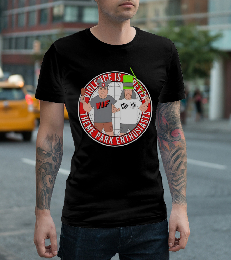 Violence Is Forever Theme Park Enthusiasts VIF Iconic Characters with Lightsaber and Turkey Leg T-Shirt