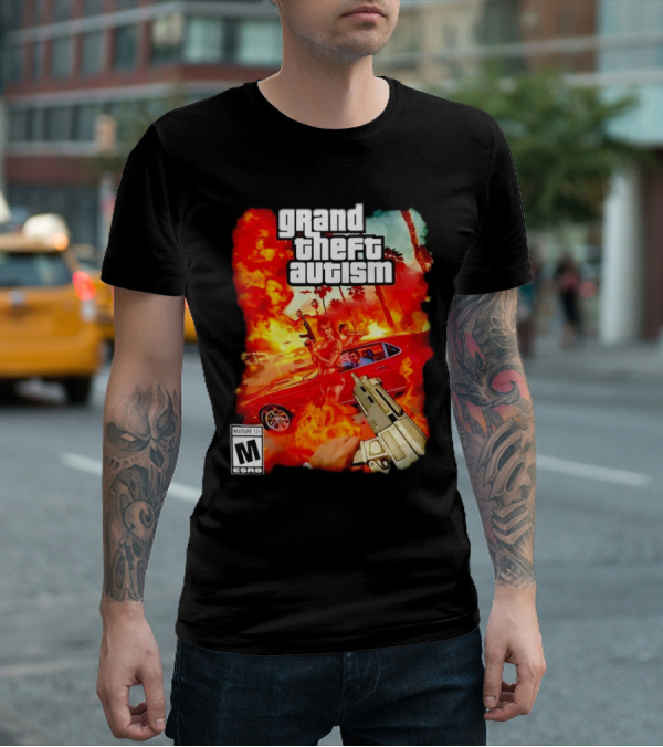 Grand Theft Autism Video Game Cover Parody With Car And Weapon T-Shirt