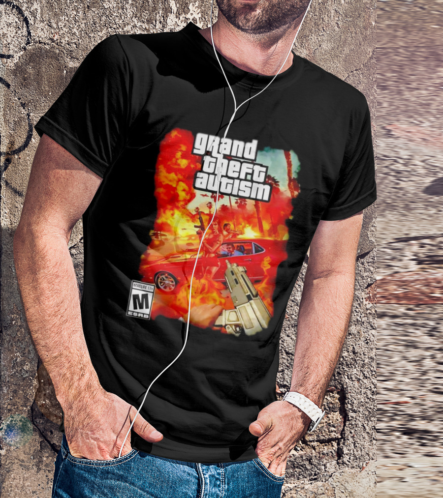 Grand Theft Autism Video Game Cover Parody With Car And Weapon T-Shirt
