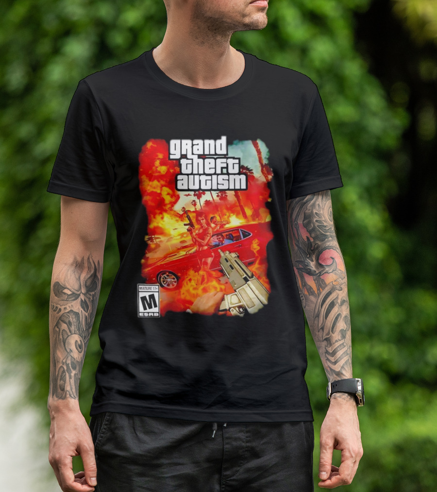 Grand Theft Autism Video Game Cover Parody With Car And Weapon T-Shirt