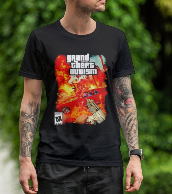 Grand Theft Autism Video Game Cover Parody With Car And Weapon T-Shirt