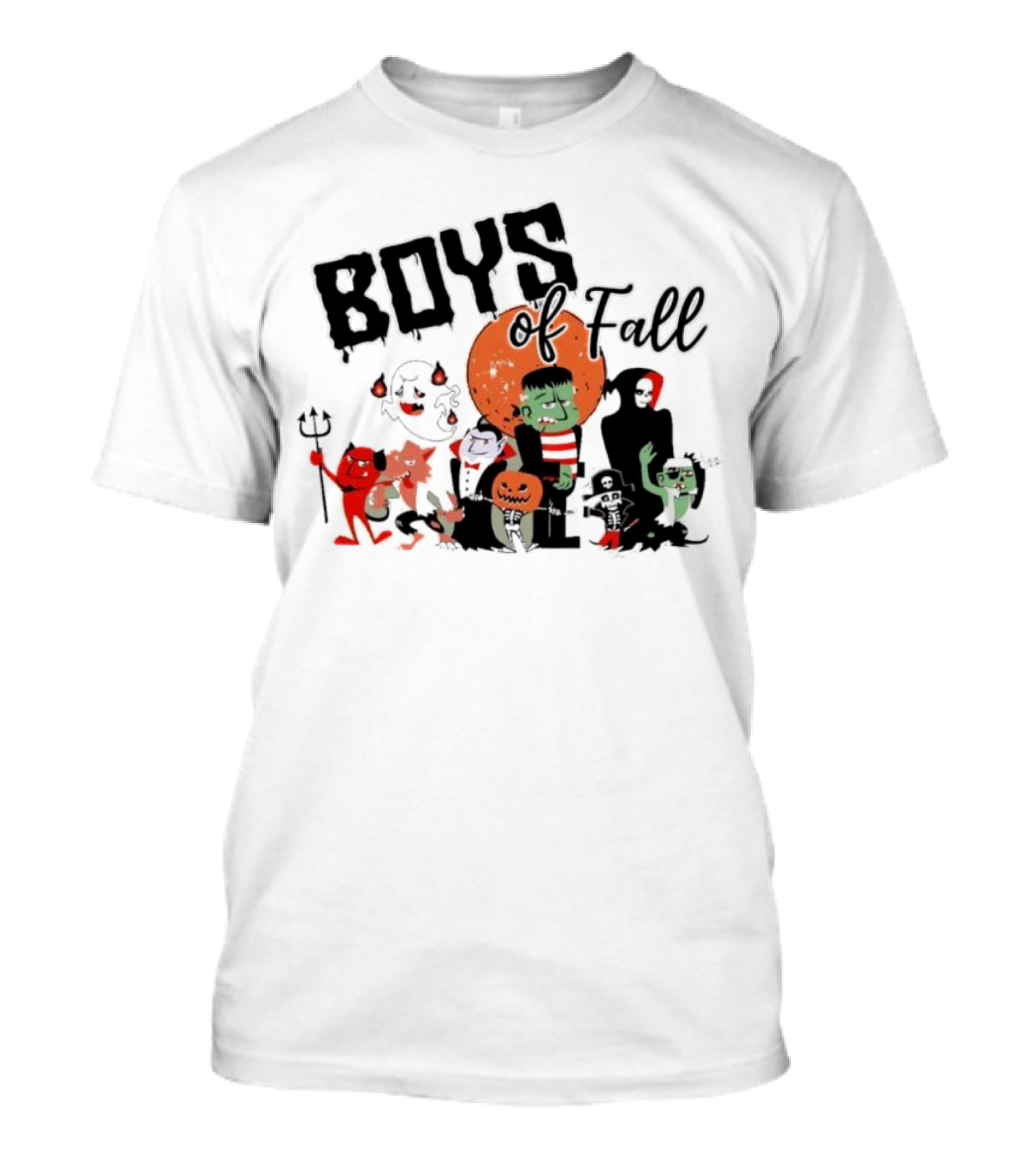 Boys Of Fall Halloween Characters With Classic Monsters And Pumpkins T-Shirt
