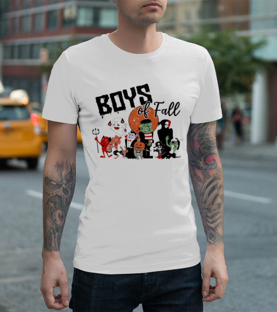 Boys Of Fall Halloween Characters With Classic Monsters And Pumpkins T-Shirt