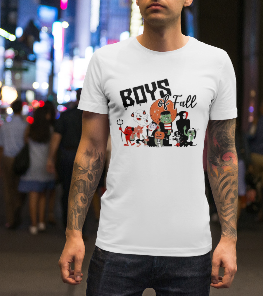 Boys Of Fall Halloween Characters With Classic Monsters And Pumpkins T-Shirt