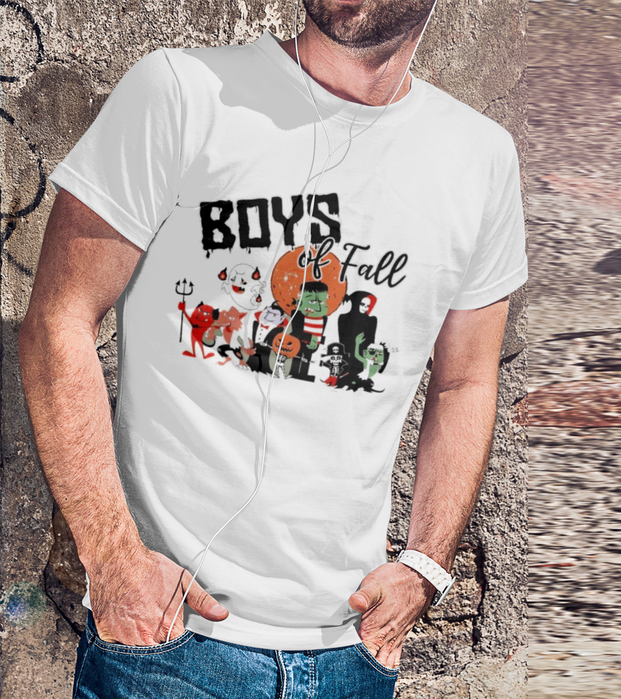 Boys Of Fall Halloween Characters With Classic Monsters And Pumpkins T-Shirt