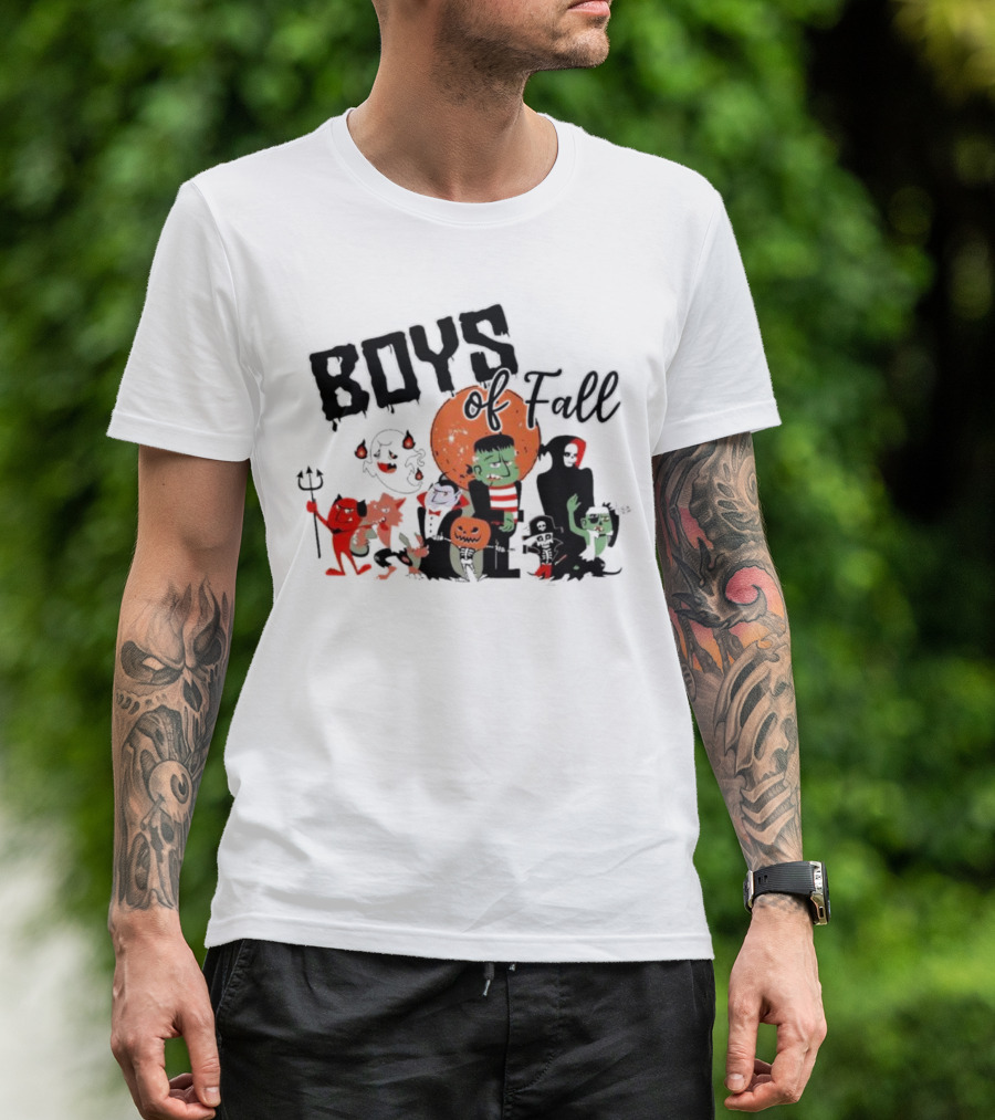Boys Of Fall Halloween Characters With Classic Monsters And Pumpkins T-Shirt