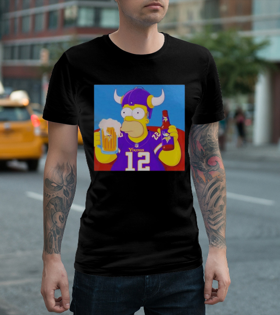Homer Simpson in Minnesota Vikings Gear Drinking Beer T-Shirt