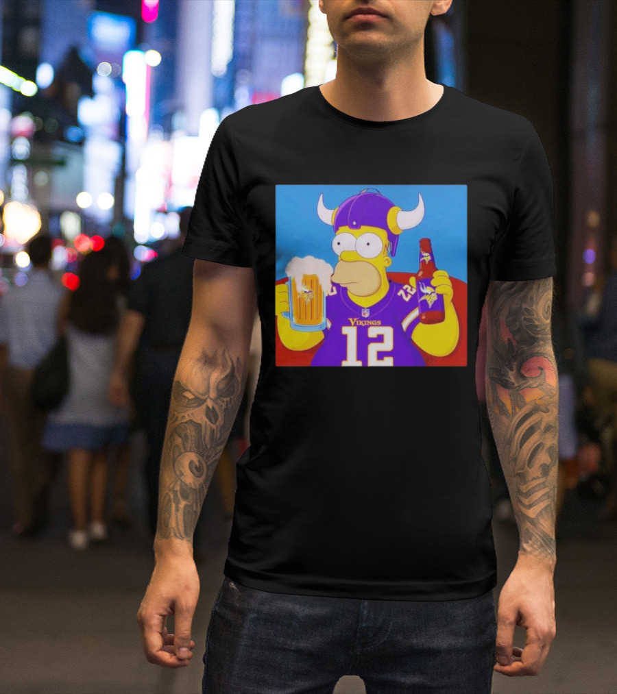 Homer Simpson In Minnesota Vikings Gear Drinking Beer T-Shirt