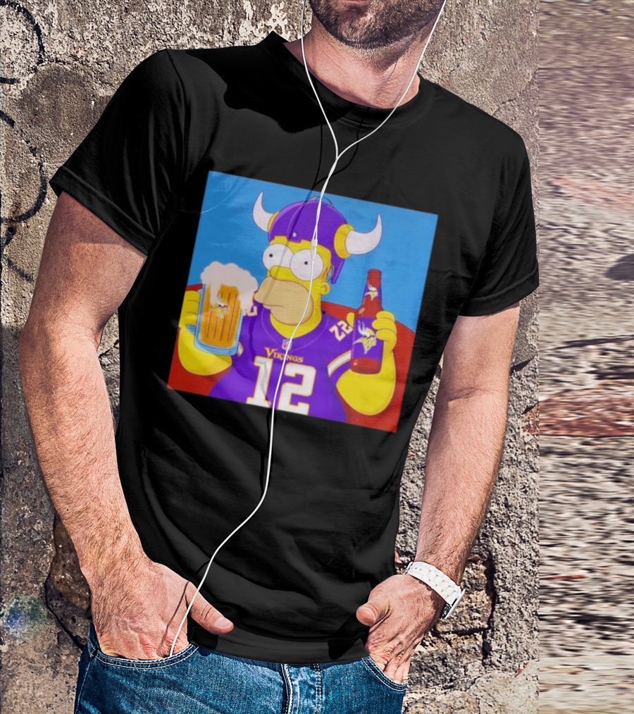 Homer Simpson In Minnesota Vikings Gear Drinking Beer T-Shirt