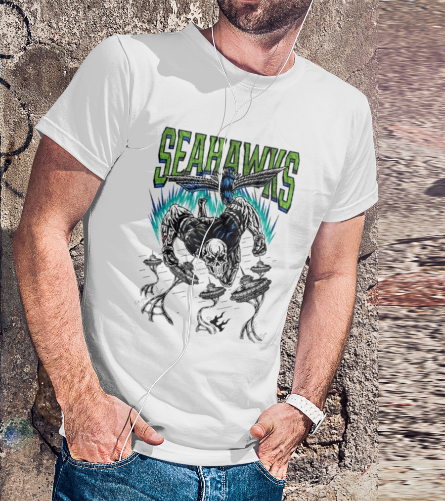 Seattle Seahawks Skeleton With Winged Bird And Blue Flames T-Shirt