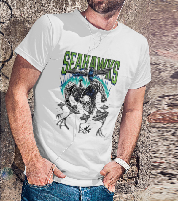 Seattle Seahawks Skeleton With Winged Bird And Blue Flames T-Shirt