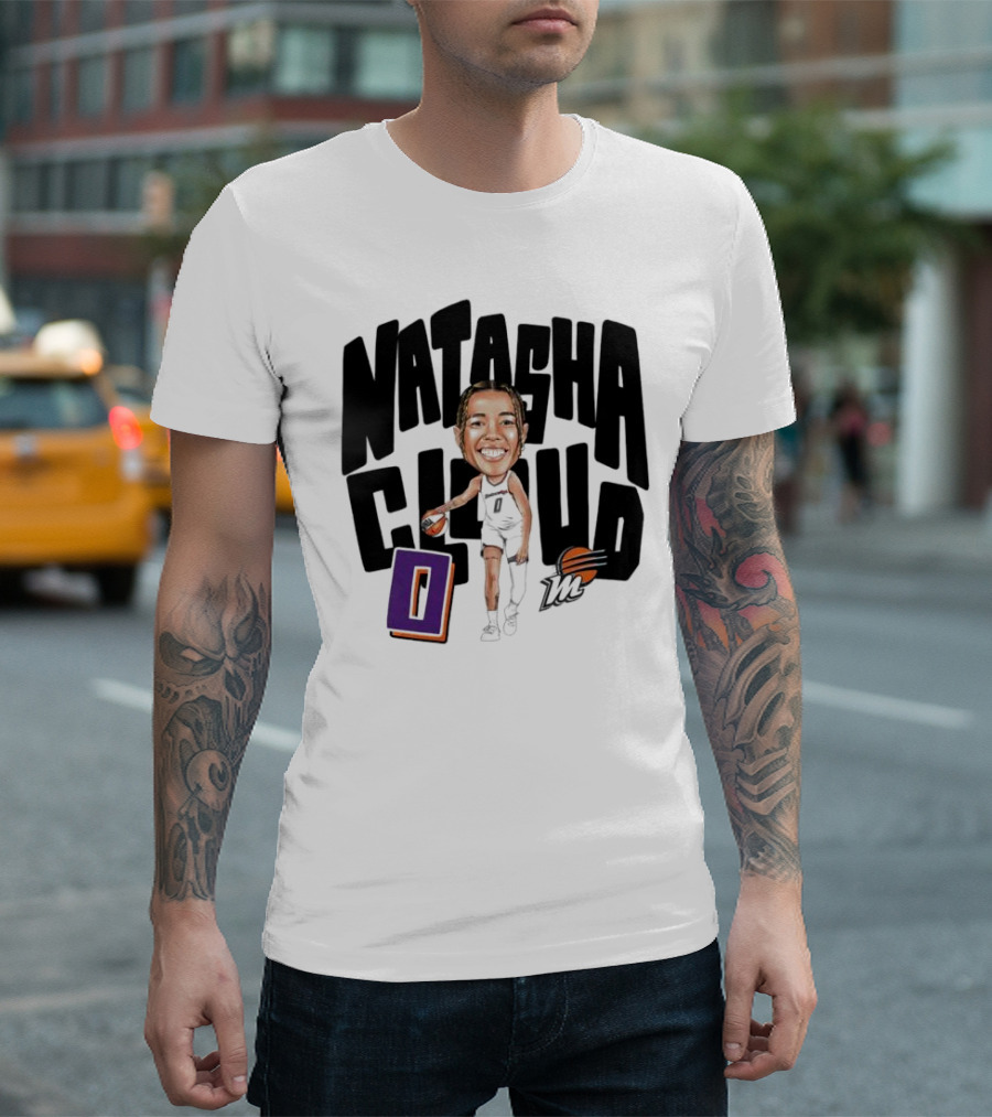Natasha Cloud Phoenix Mercury Basketball Caricature with Orange Ball and Stylized Text T-Shirt