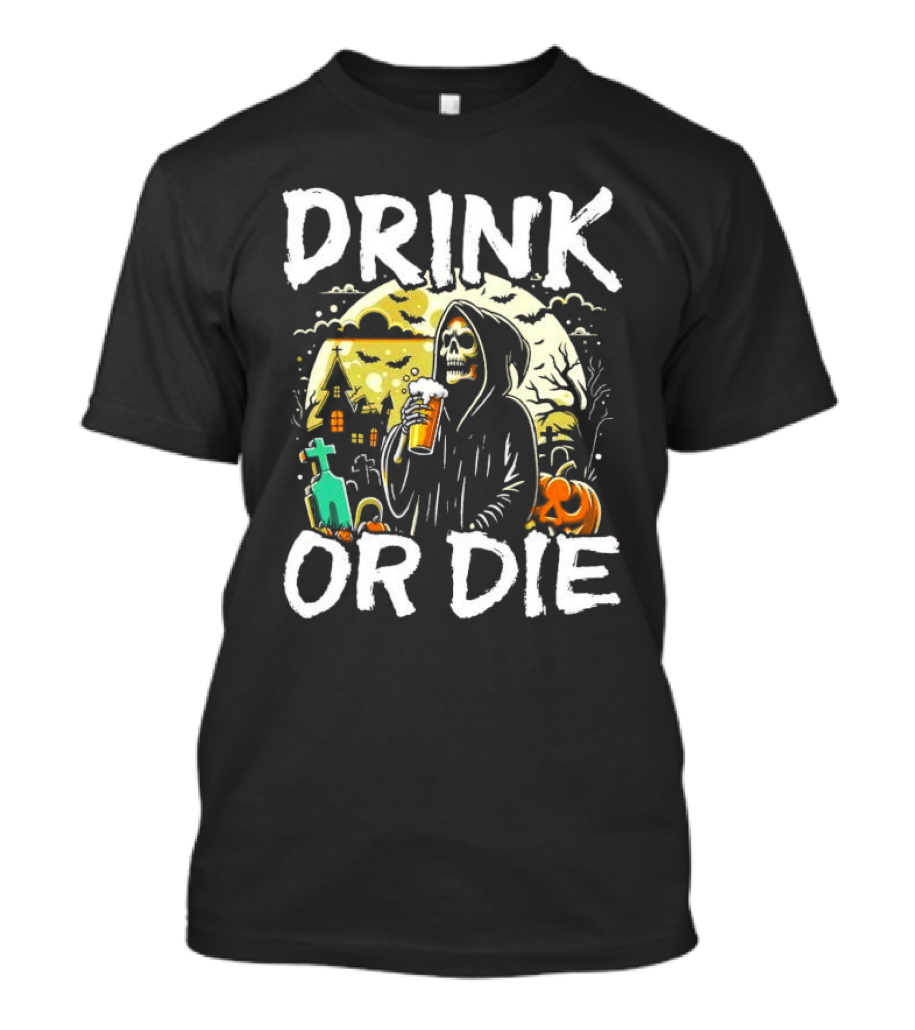 Drink Or Die Grim Reaper Halloween Scene T-Shirt