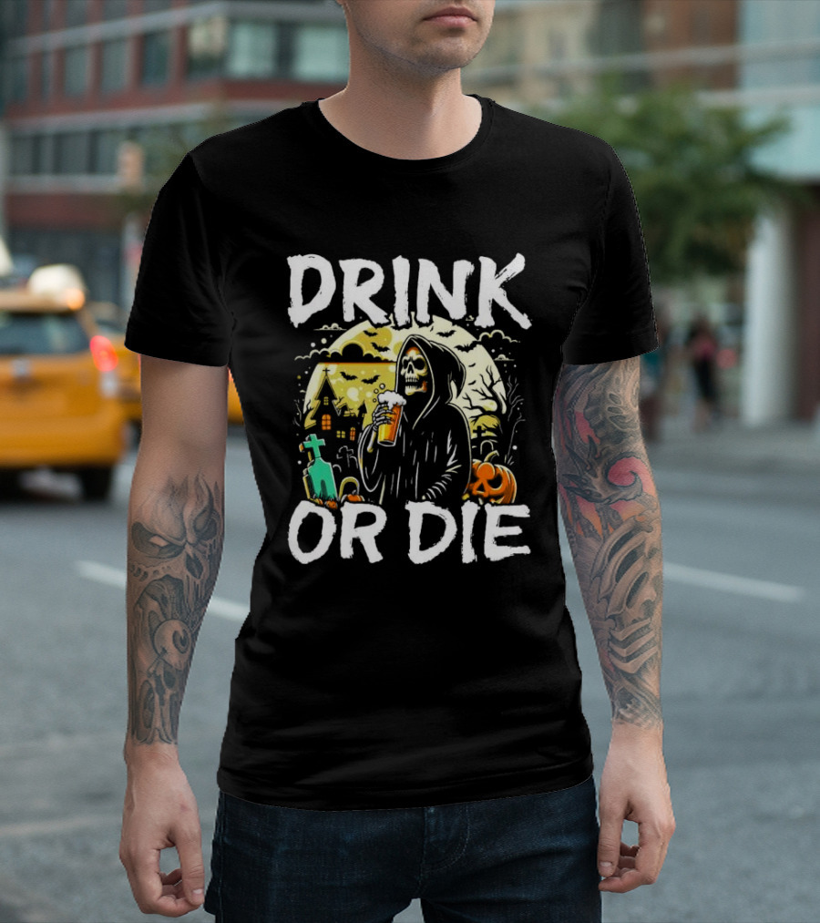 Drink Or Die Grim Reaper Halloween Scene T-Shirt