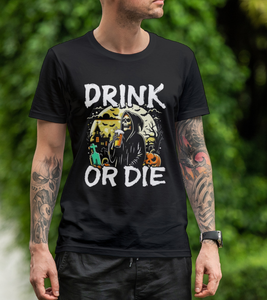 Drink Or Die Grim Reaper Halloween Scene T-Shirt
