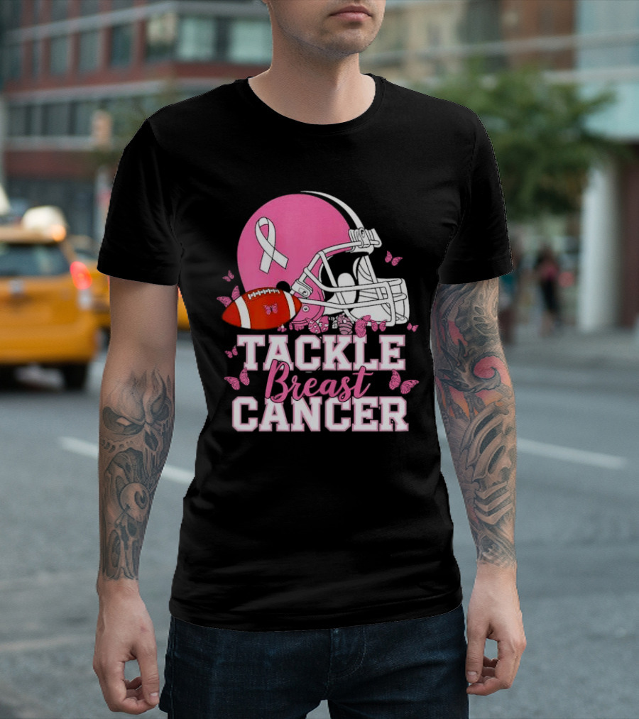 Tackle Breast Cancer Awareness Pink Football Helmet Ribbon Butterflies T-Shirt