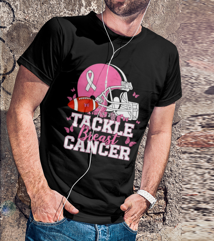 Tackle Breast Cancer Awareness Pink Football Helmet Ribbon Butterflies T-Shirt