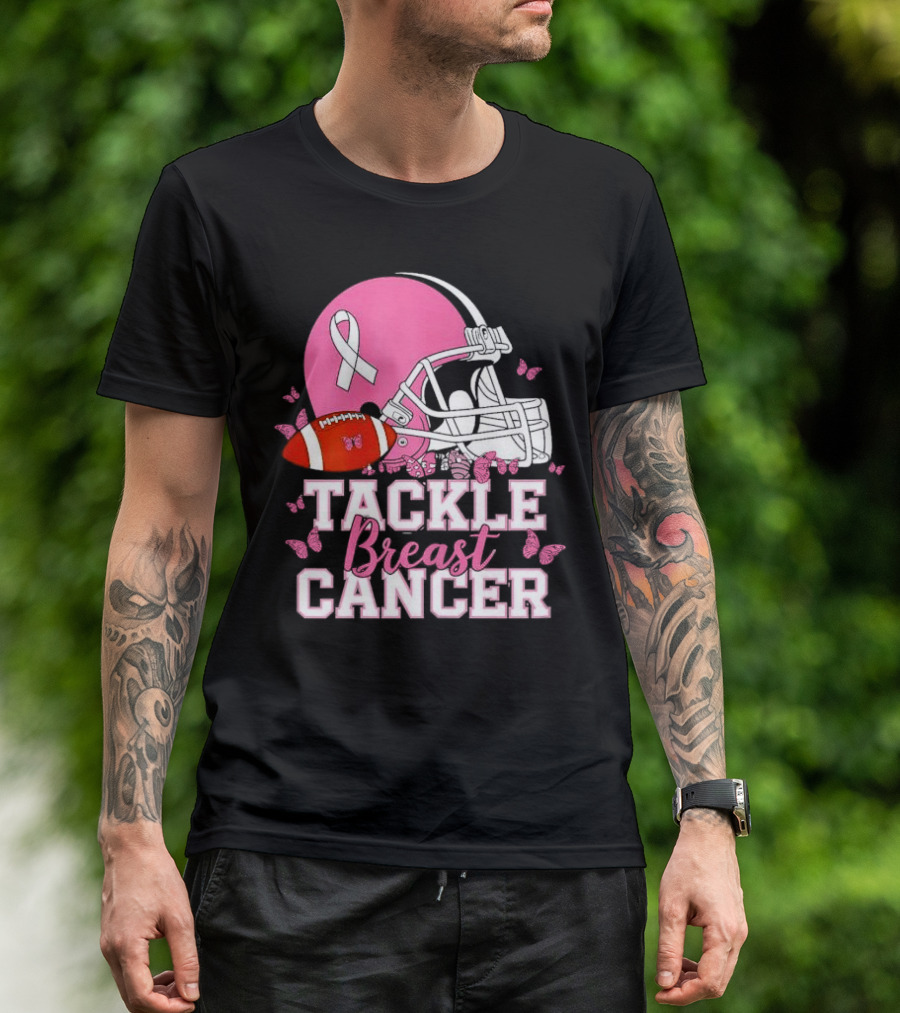 Tackle Breast Cancer Awareness Pink Football Helmet Ribbon Butterflies T-Shirt