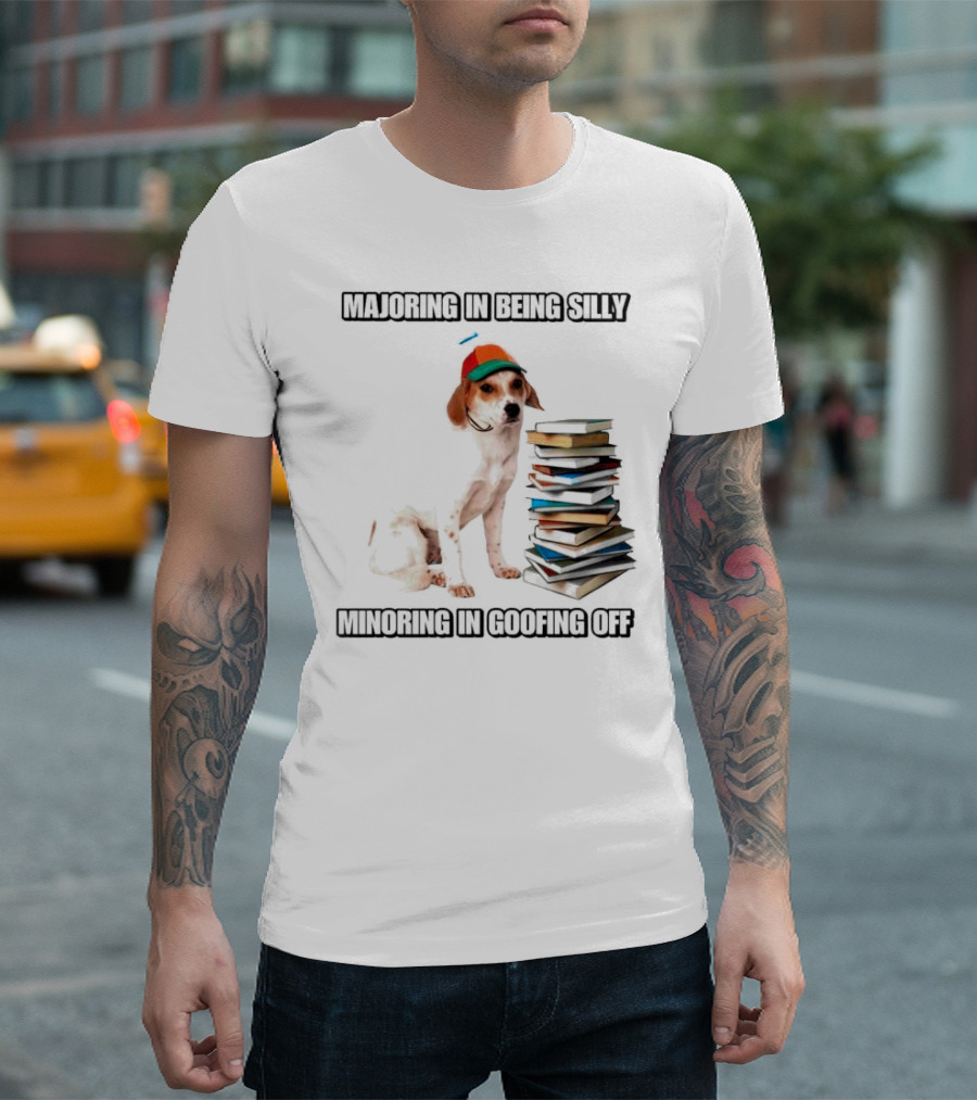 Majoring in Being Silly Minoring in Goofing Off with a Colorful Cap-Wearing Dog and Stack of Books T-Shirt