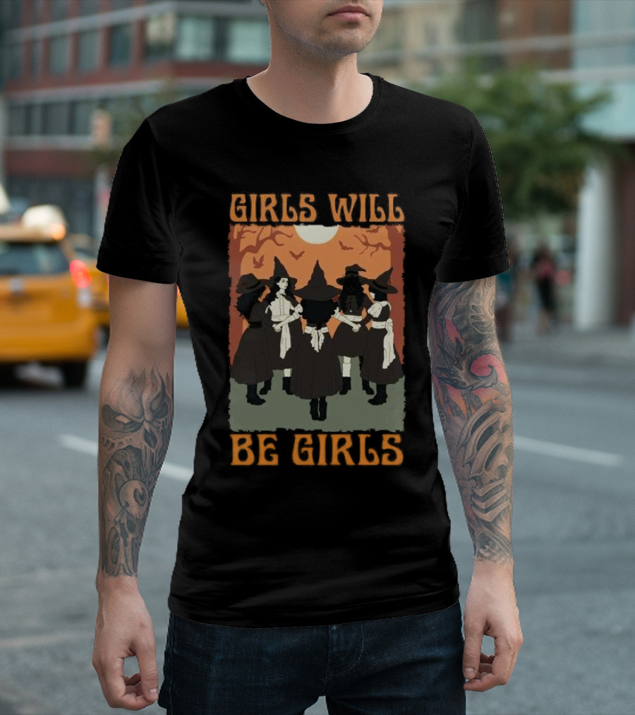 Girls Will Be Girls Witch Halloween Scene Moon Bats Trees T-Shirt