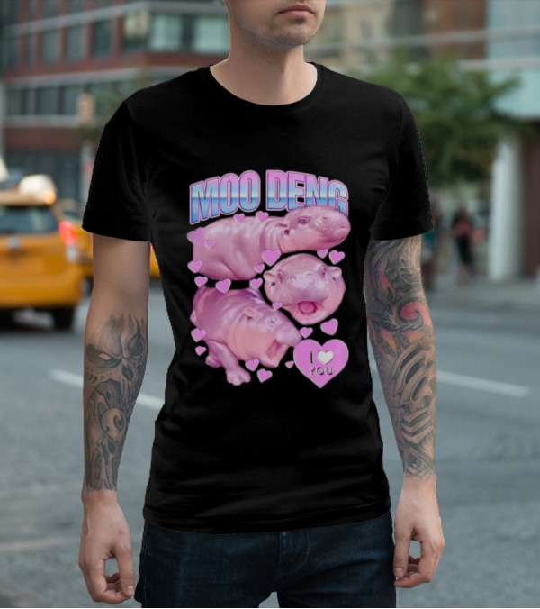 Moo Deng I Love You Pink Hippo Hearts T-Shirt