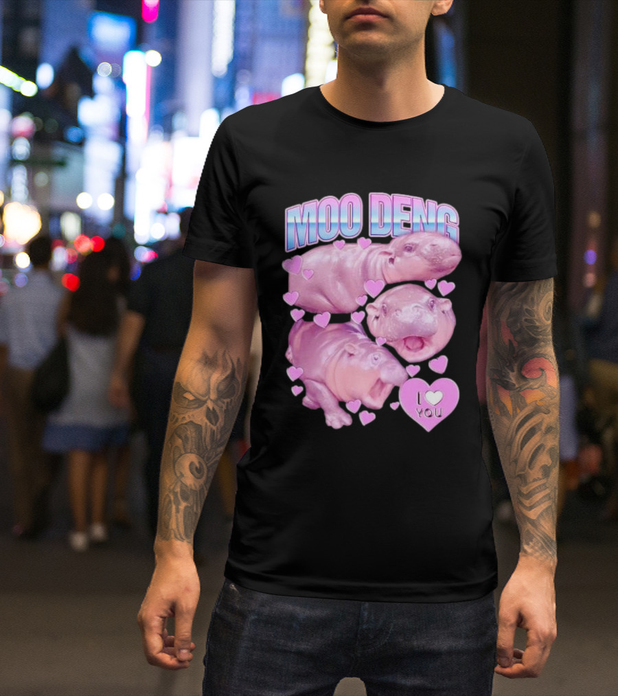 Moo Deng I Love You Pink Hippo Hearts T-Shirt