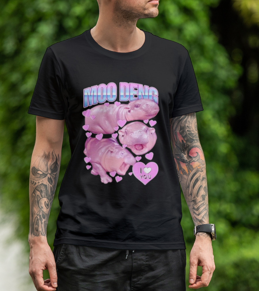 Moo Deng I Love You Pink Hippo Hearts T-Shirt