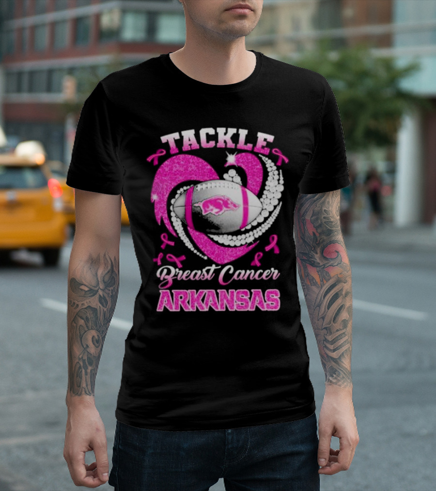Arkansas Razorbacks Tackle Breast Cancer Pink Ribbon Heart Football T-Shirt