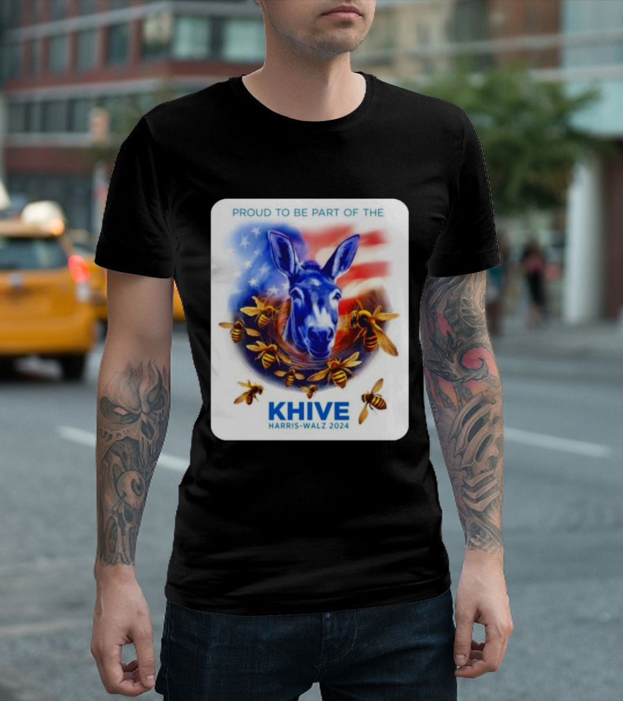 Proud to be Part of the KHIVE Harris-Walz 2024 Donkey with Bees USA Flag T-Shirt