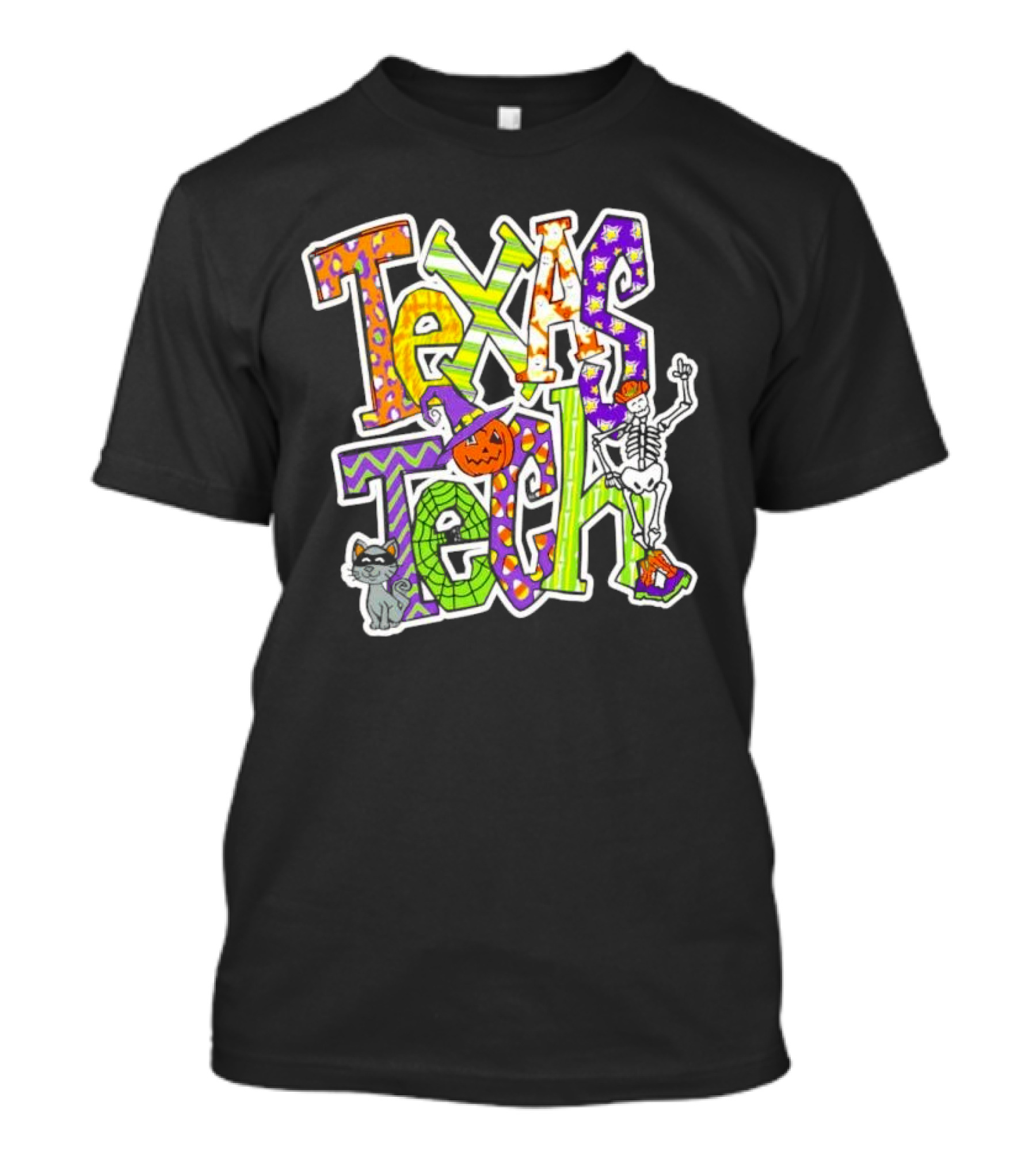 Texas Tech Halloween Trick Or Treat Skeleton And Cat T-Shirt