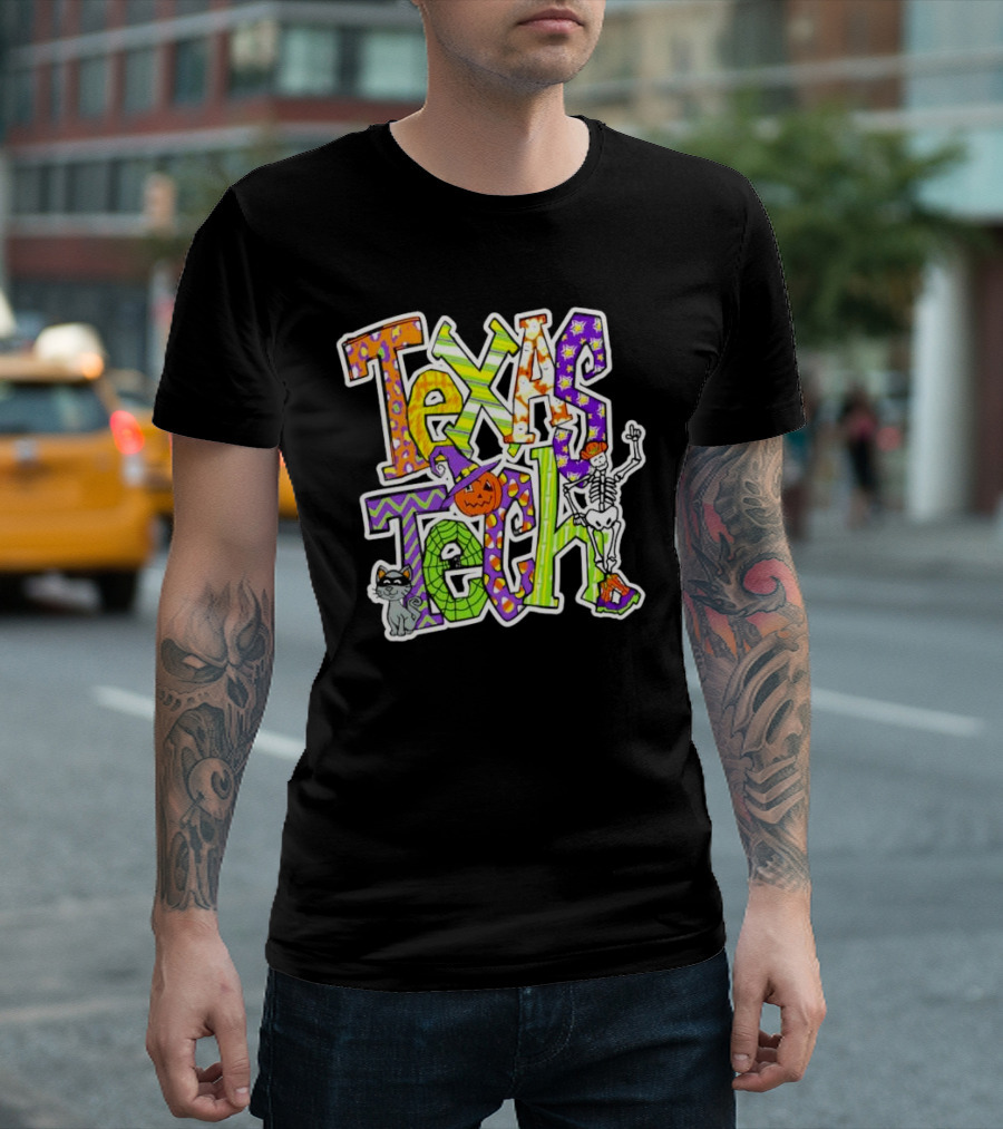 Texas Tech Halloween Trick Or Treat Skeleton And Cat T-Shirt