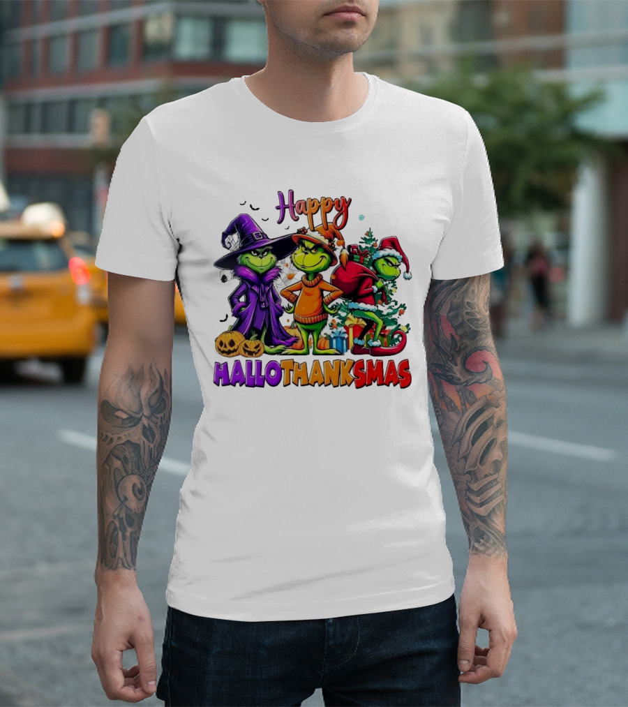 Grinch Halloween Thanksgiving Christmas Happy Hallothanksmas Holiday Crossover T-Shirt