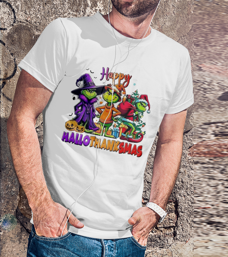 Grinch Halloween Thanksgiving Christmas Happy Hallothanksmas Holiday Crossover T-Shirt