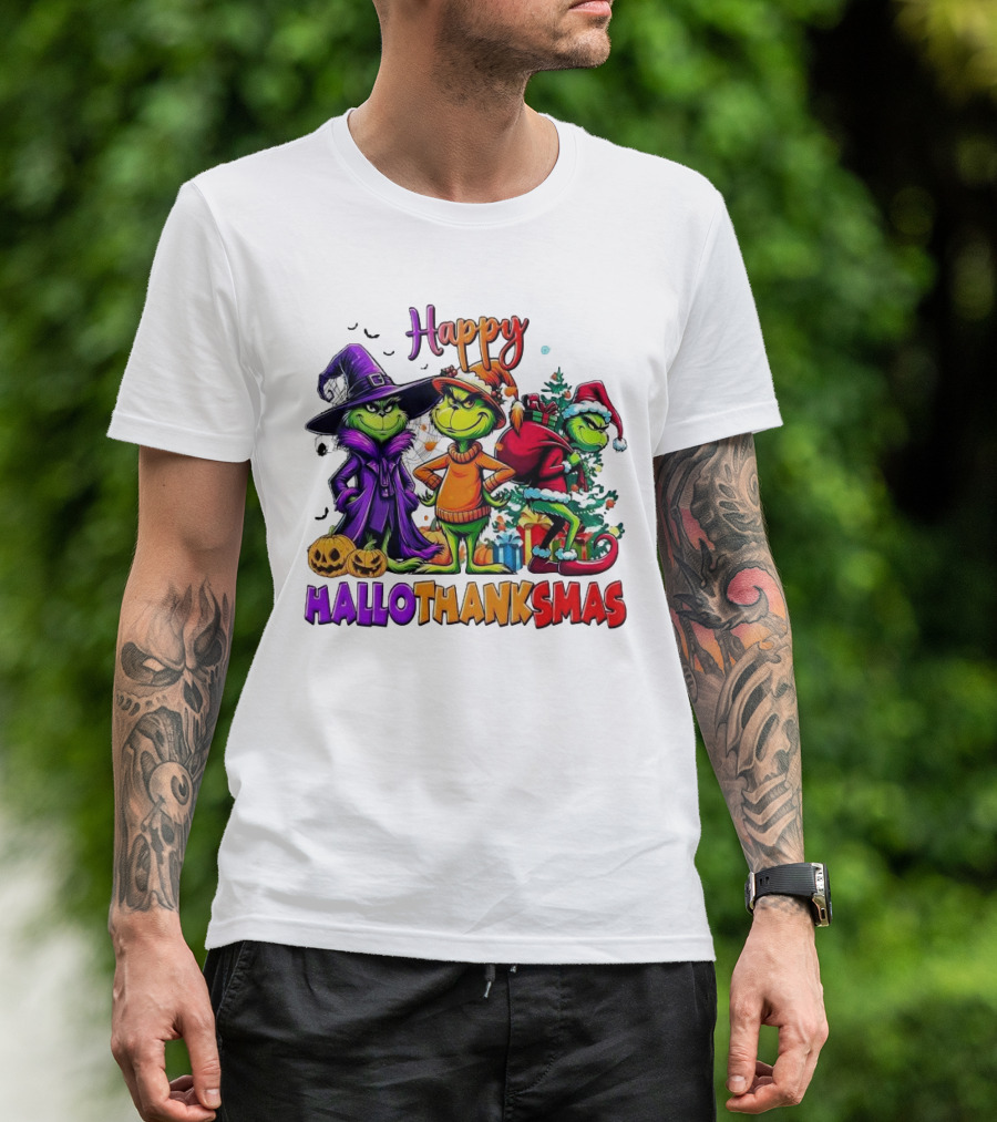 Grinch Halloween Thanksgiving Christmas Happy Hallothanksmas Holiday Crossover T-Shirt