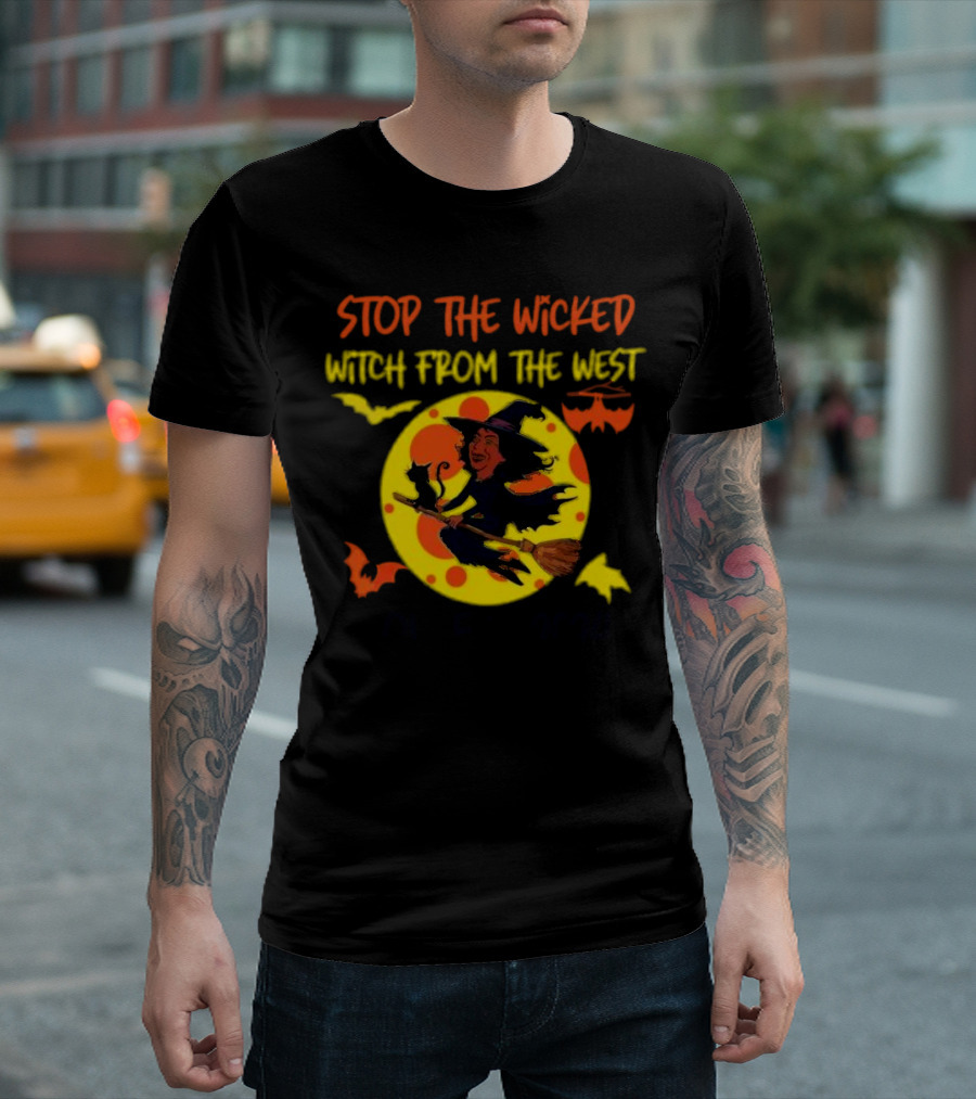 Stop The Wicked Witch From The West Nov 5th 2024 Halloween Bats Moon Cat Broomstick T-Shirt